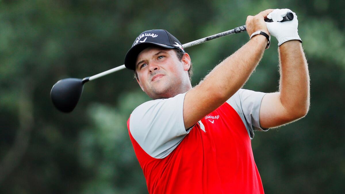 Patrick Reed hits his drive at No. 10 during the second round of the Barclays.