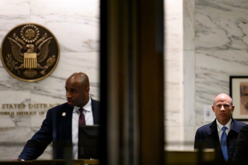 Attorney Michael Avenatti leaves the federal court house in Manhattan on March 25, 2019 in New York City. - Michael Avenatti, who shot to fame as the lawyer of adult film star Stormy Daniels, was arrested on March 25, 2019, on charges of trying to extort more than $20 million from Nike and for embezzling from a client. The celebrity attorney, who represented Daniels in her lawsuit against President Donald Trump, was arrested in New York based on separate complaints filed in that city as well as Los Angeles. (Photo by Johannes EISELE / AFP)JOHANNES EISELE/AFP/Getty Images ** OUTS - ELSENT, FPG, CM - OUTS * NM, PH, VA if sourced by CT, LA or MoD **