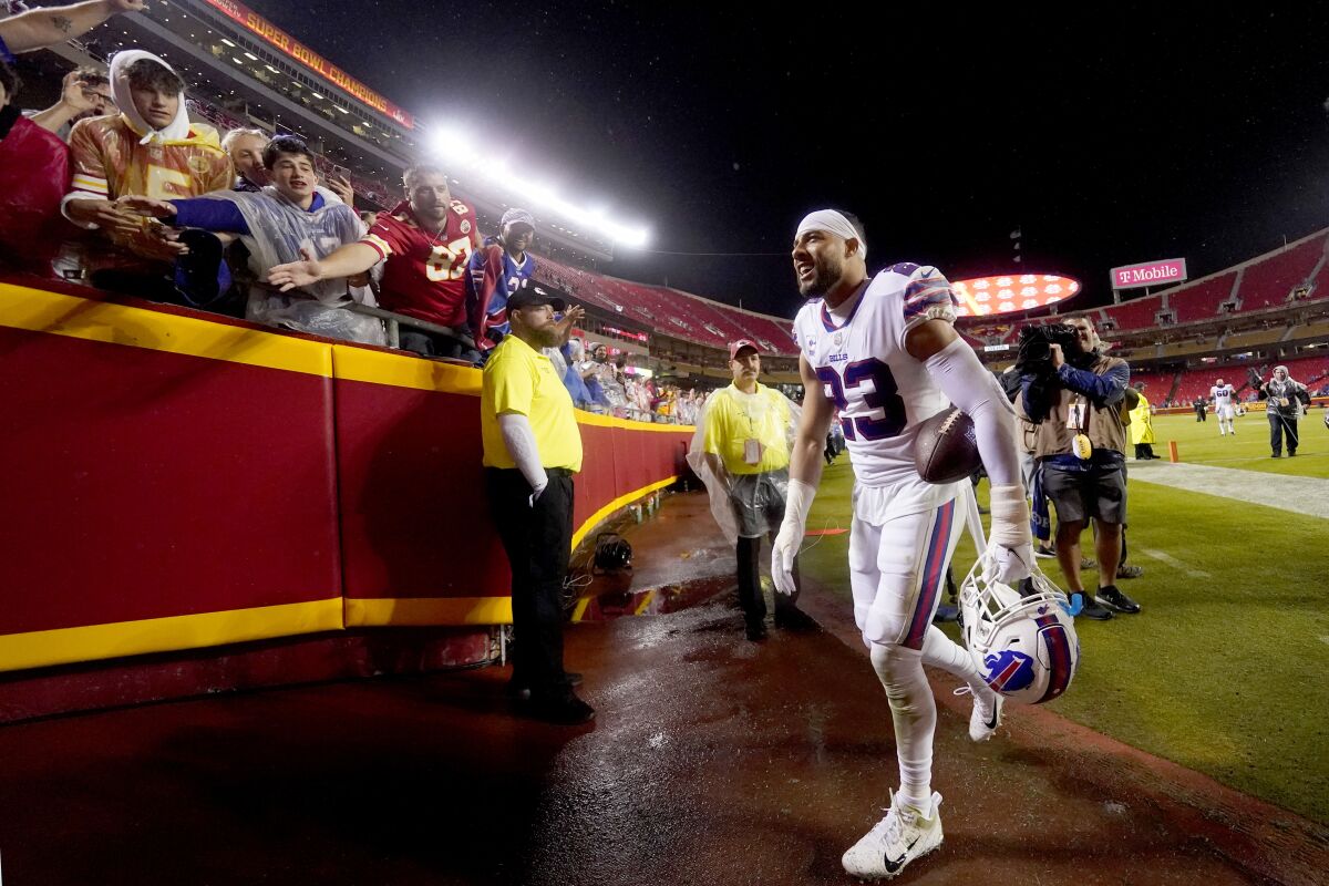 Buffalo Bills safety Micah Hyde (23) runs to the locker room after an NFL football game against the Kansas City Chiefs Sunday, Oct. 10, 2021, in Kansas City, Mo. The Bills won 38-20. (AP Photo/Charlie Riedel)