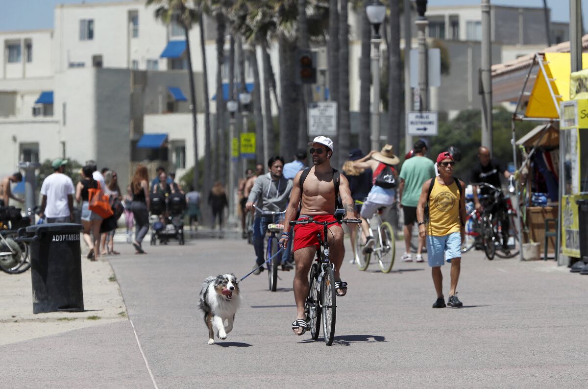 A bicyclist cruises as he walks his dog along the bike path on the north side of Huntington Beach Pier on Friday.
