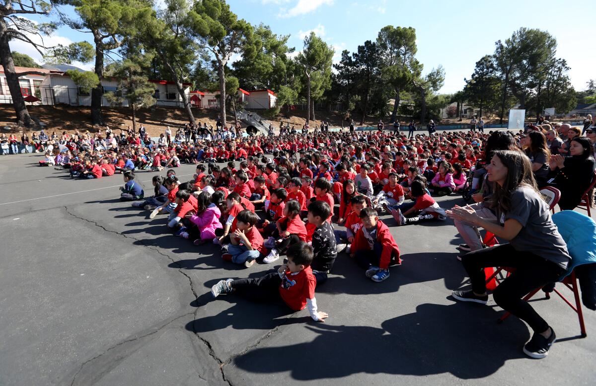 Students, teachers and staff at Monte Vista Elementary School celebrated their Blue Ribbon honor in the category of Exemplary High Performing Schools on campus in La Crescenta on Friday.