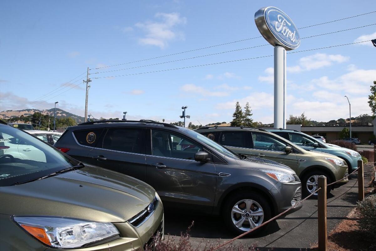 Brand-new Ford Escape SUVs on the sales lot at Journey Ford in Novato, Calif.