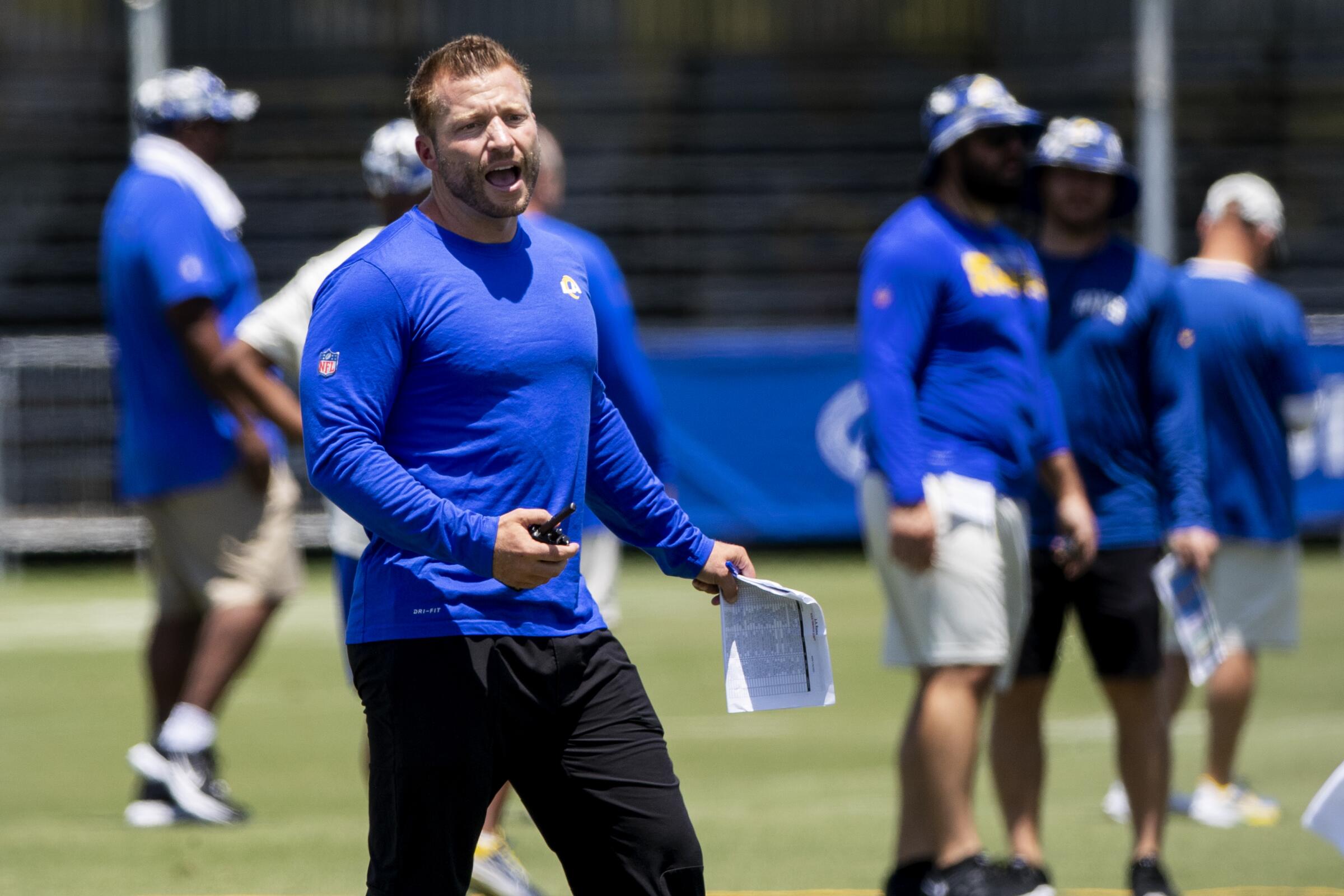 Rams coach Sean McVay calls out plays during training camp at UC Irvine.