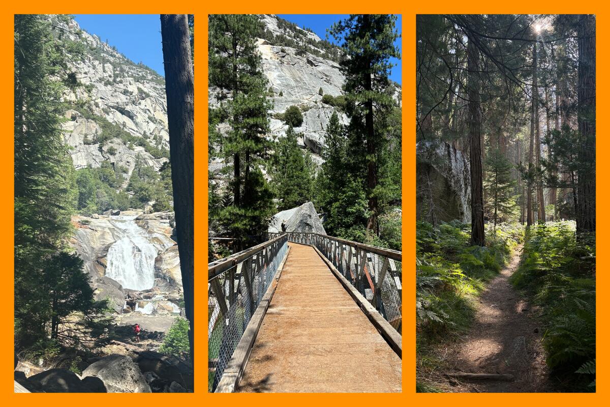 Three photos: a waterfall in the distance; a bridge heading to a rocky mountain; a dirt path surrounded by trees