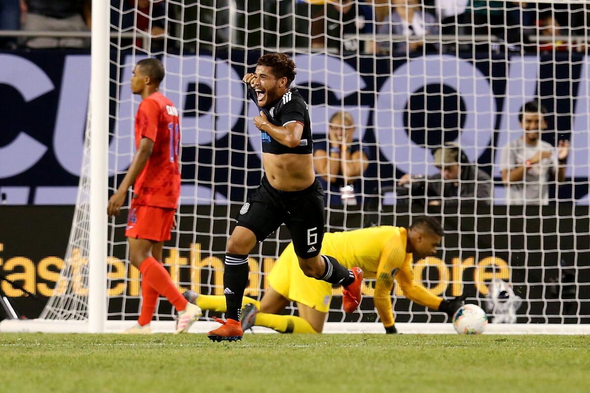 Jonathan dos Santos #6 of the Mexico celebrates after scoring a goal in the second half against the United States during the 2019 CONCACAF Gold Cup Final at Soldier Field on July 07, 2019 in Chicago, Illinois.