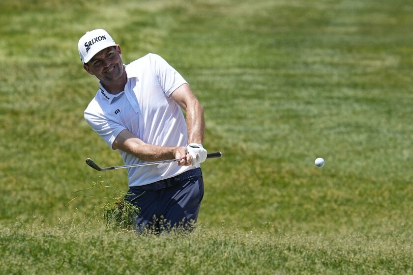 Keegan Bradley hits to the first green during the final round of the Memorial golf tournament, Sunday, June 4, 2023, in Dublin, Ohio. (AP Photo/Darron Cummings)