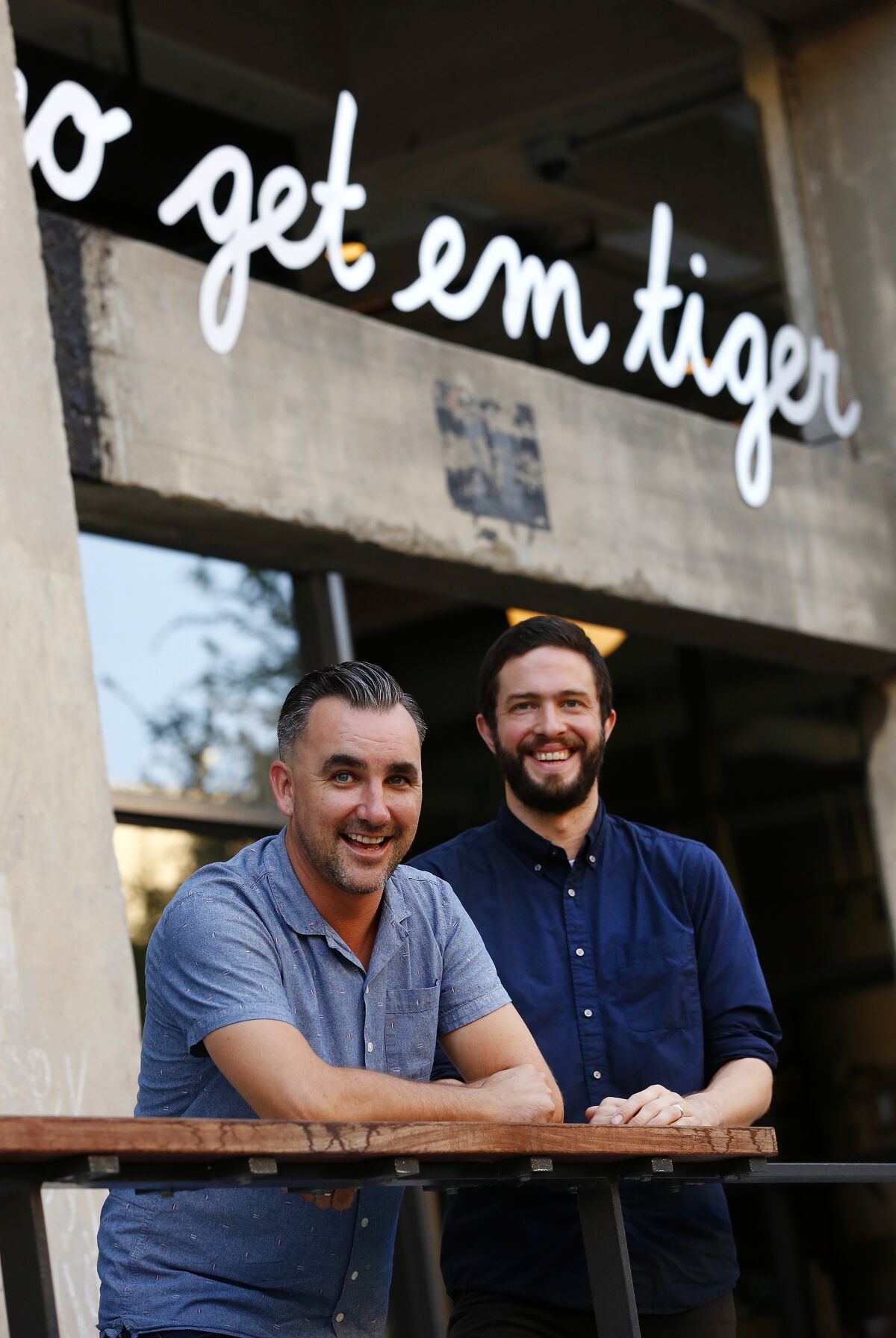 Founders Kyle Glanville, left, and Charles Babinski at Go Get Em Tiger’s Row DTLA location.