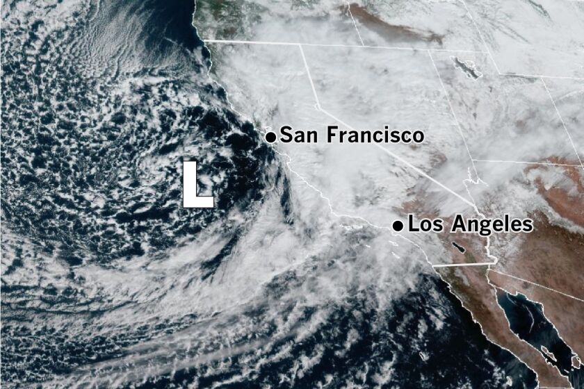 A satellite image of approaching storm off Central California.