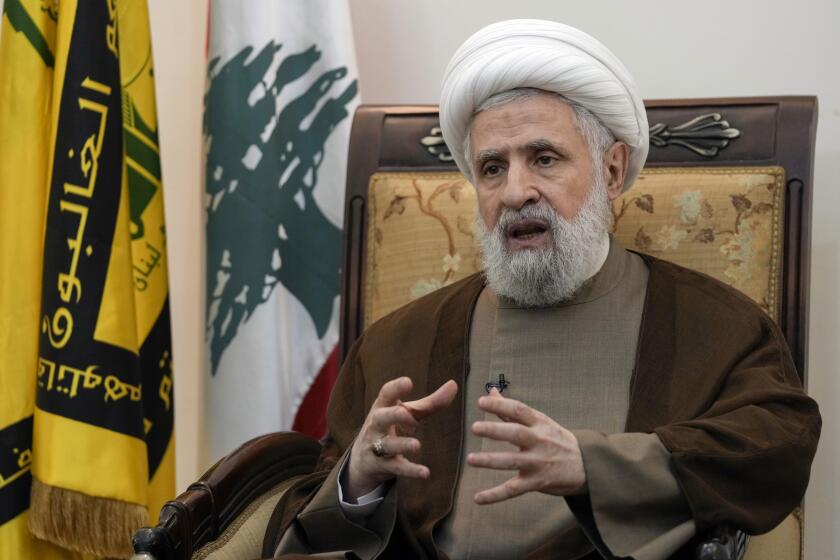 Hezbollah's deputy leader Sheik Naim Kassem, speaks during an interview with The Associated Press in Beirut's southern suburbs, Lebanon, Tuesday, July 2, 2024. Kassem said that the only definite path to a cease-fire on the Lebanon-Israel border is a full cease-fire in Gaza. (AP Photo/Bilal Hussein)