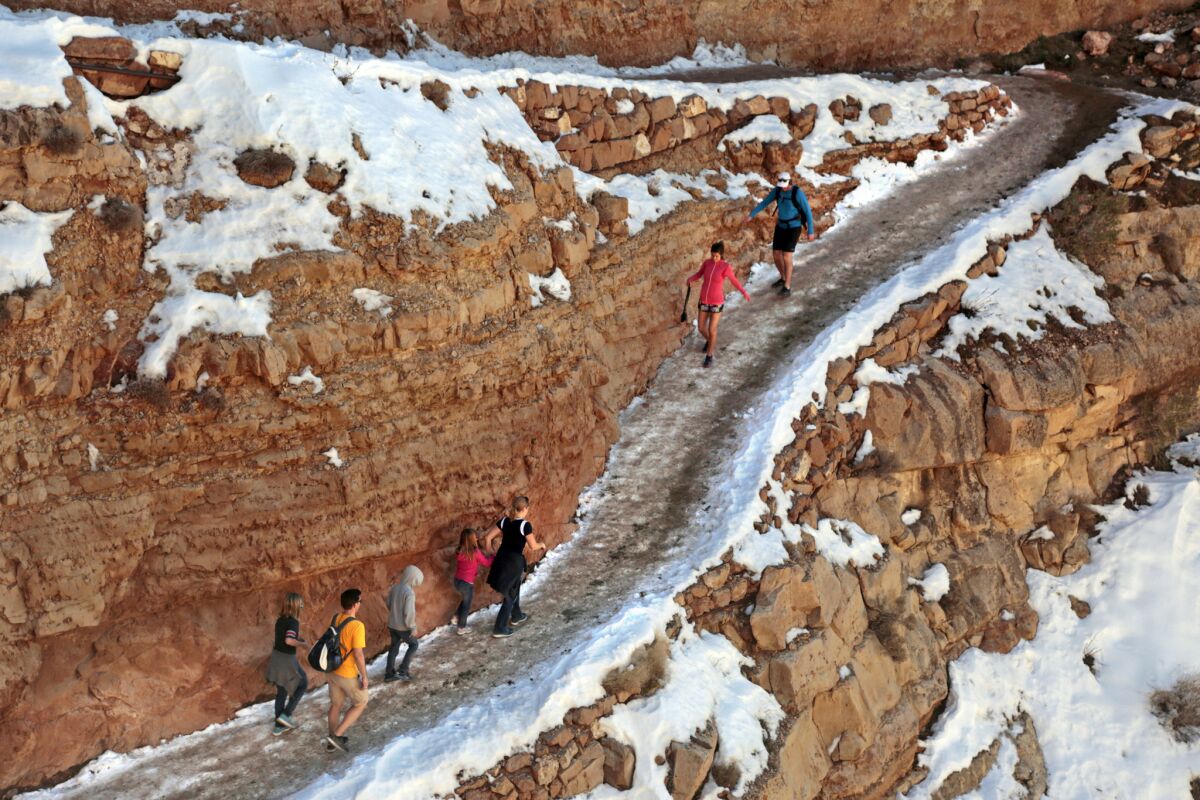 Snow and ice cover a switchback along the South Kaibab Trail in Grand Canyon National Park. Photograph taken in 2015.