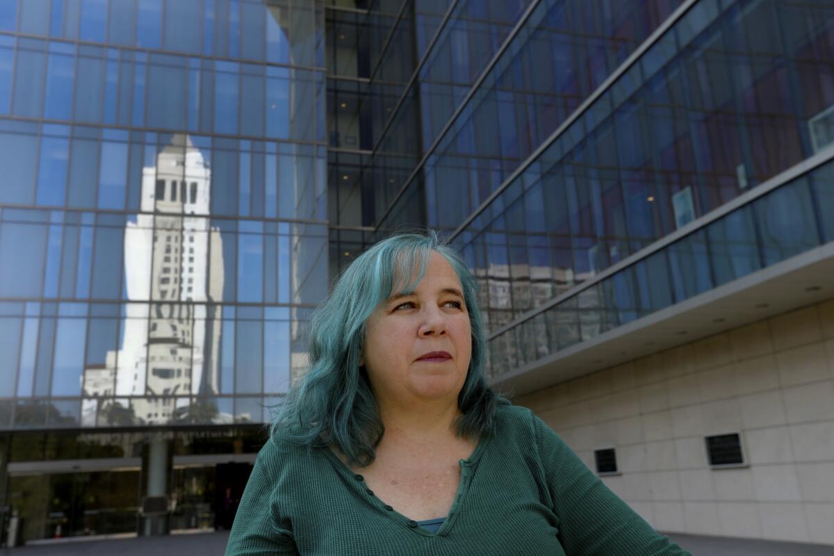 Patti Beers in front of LAPD Headquarters.
