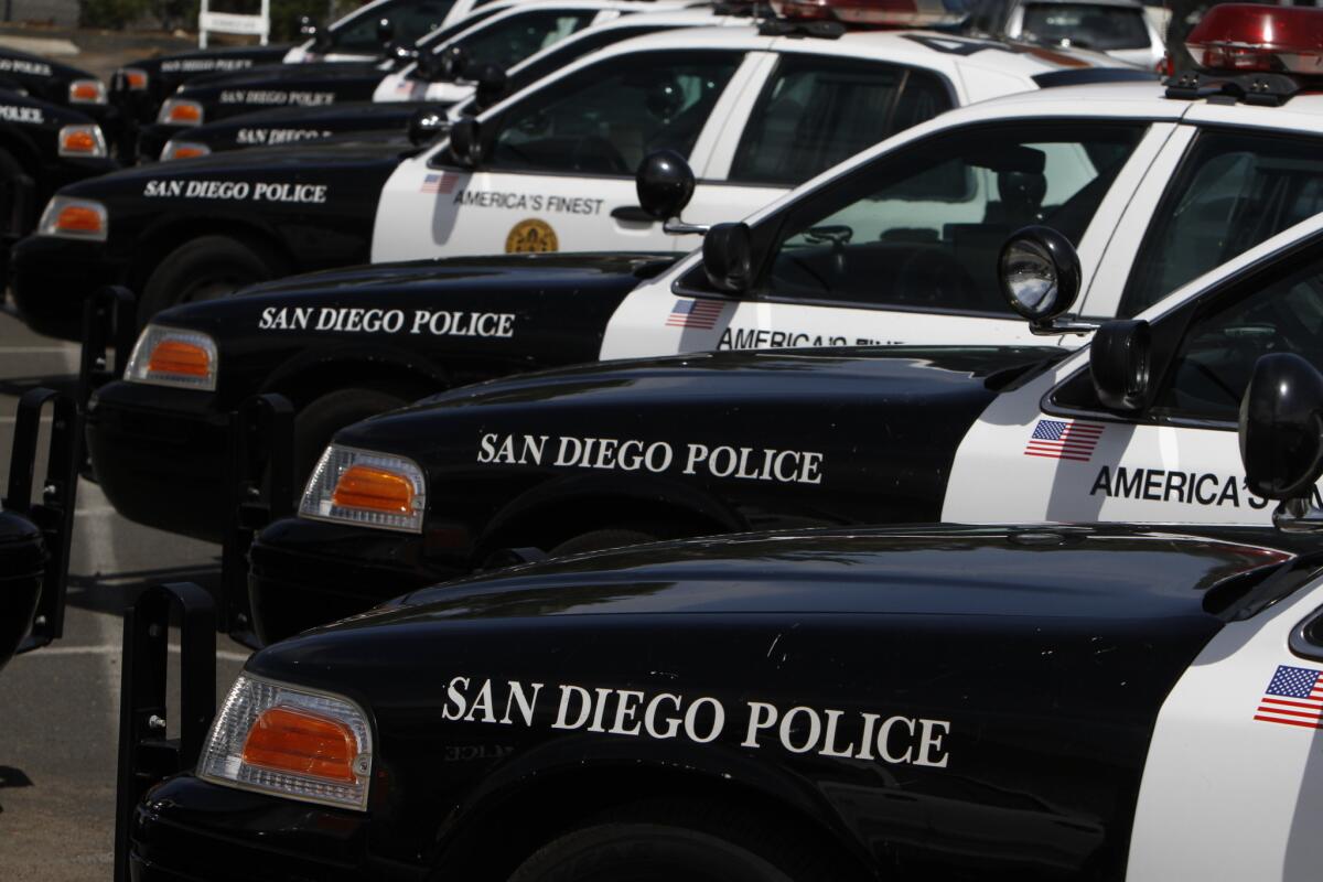 A line of police cars at the San Diego Police Department's Northern Division office in La Jolla in 2011.