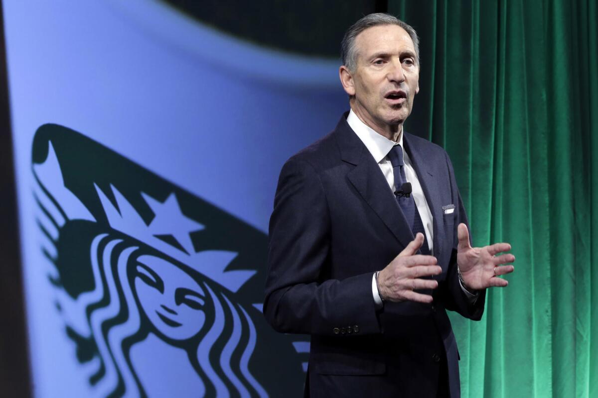 Starbucks Chief Executive Howard Schultz said the Seattle coffee company is developing plans to hire 10,000 refugees over the next five years.