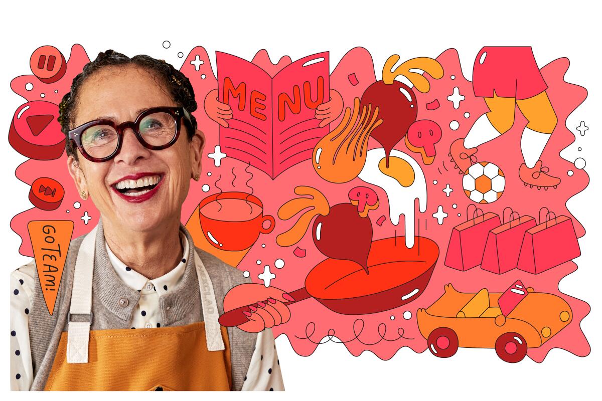 Woman wearing glasses surrounded by orange and red illustrations including a frying pan, a fried egg, a car and shopping bags.