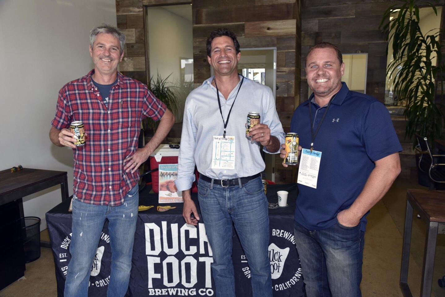 Duck Foot brewing Company owner Matt DelVecchio, sip stop host Shoreline co-owner Seth Chalnick, Shoreline salesman Dan Gross