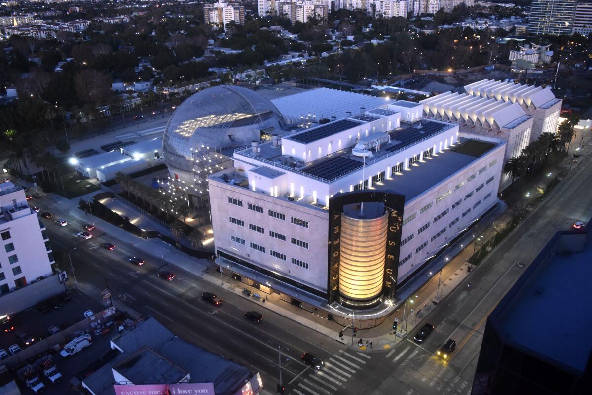 Aerial view of the Academy Museum of Motion Pictures, adjacent to LACMA.