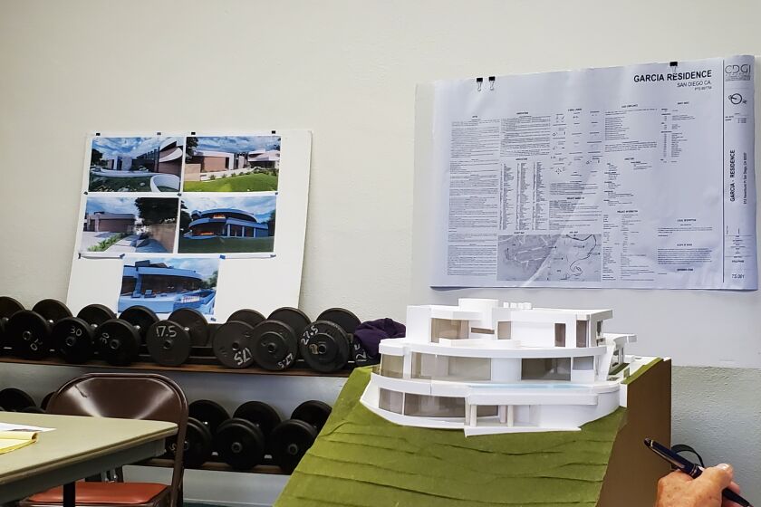 A model and renderings presented to the La Jolla Development Permit Review committee show the concept for a house planned for 812 Havenhurst Pt.