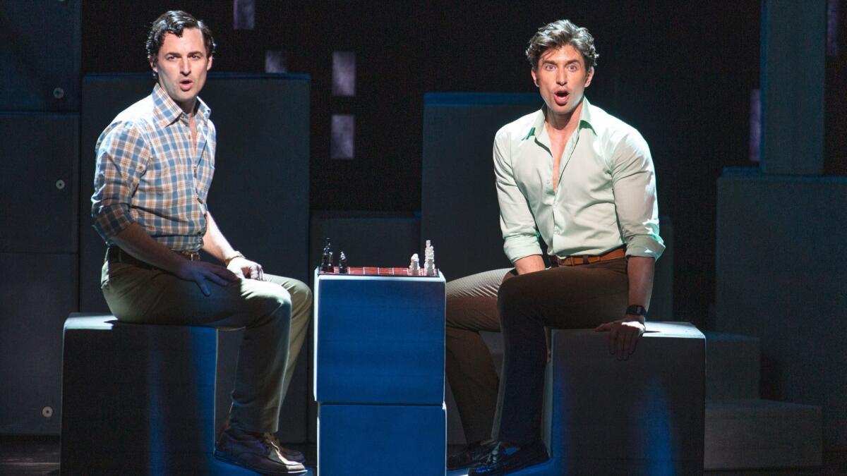 Home life can be a bit of a chess game as lovers Marvin (Max von Essen, left) and Whizzer (Nick Adams) jostle for power in "Falsettos."