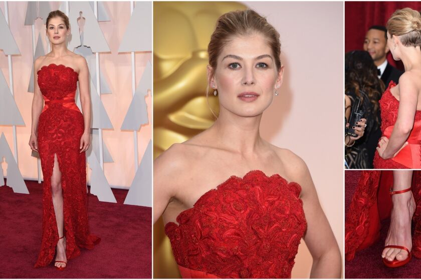 At the 2015 Oscars, Pike appeared in this red Givenchy gown with rose petal-like embroidery.