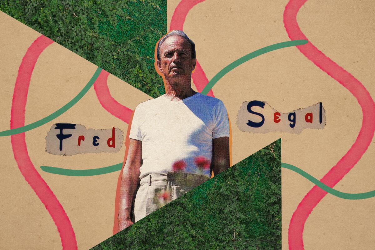 A collaged image shows a photo of Fred Segal surrounded by the stylized font of his apparel outlet