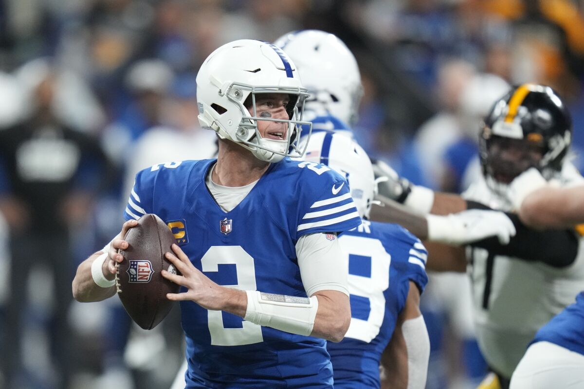 Indianapolis Colts quarterback Matt Ryan throws during the first half of an NFL football game against the Pittsburgh Steelers, Monday, Nov. 28, 2022, in Indianapolis. (AP Photo/Michael Conroy)