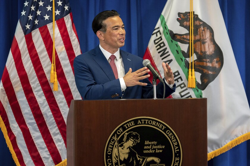 FILE - In this April 23, 2021, file photo, California Attorney General Rob Bonta speaks in Sacramento, Calif. Officials from California, New York and other states urged the Environmental Protection Agency June 2, to allow California to set its own automobile tailpipe pollution standards. (Paul Kitagaki Jr./The Sacramento Bee via AP, Pool, File)
