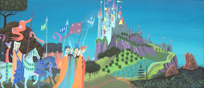 Farbenfrohe Zeichnung eines Schlosses auf einem Hügel, das das Schloss von Disneys Dornröschen werden sollte.