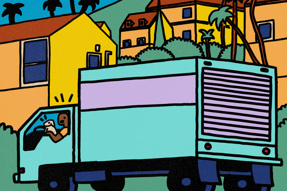 An illustration of a cargo-carrying truck driving in a neighborhood with homes and trees.