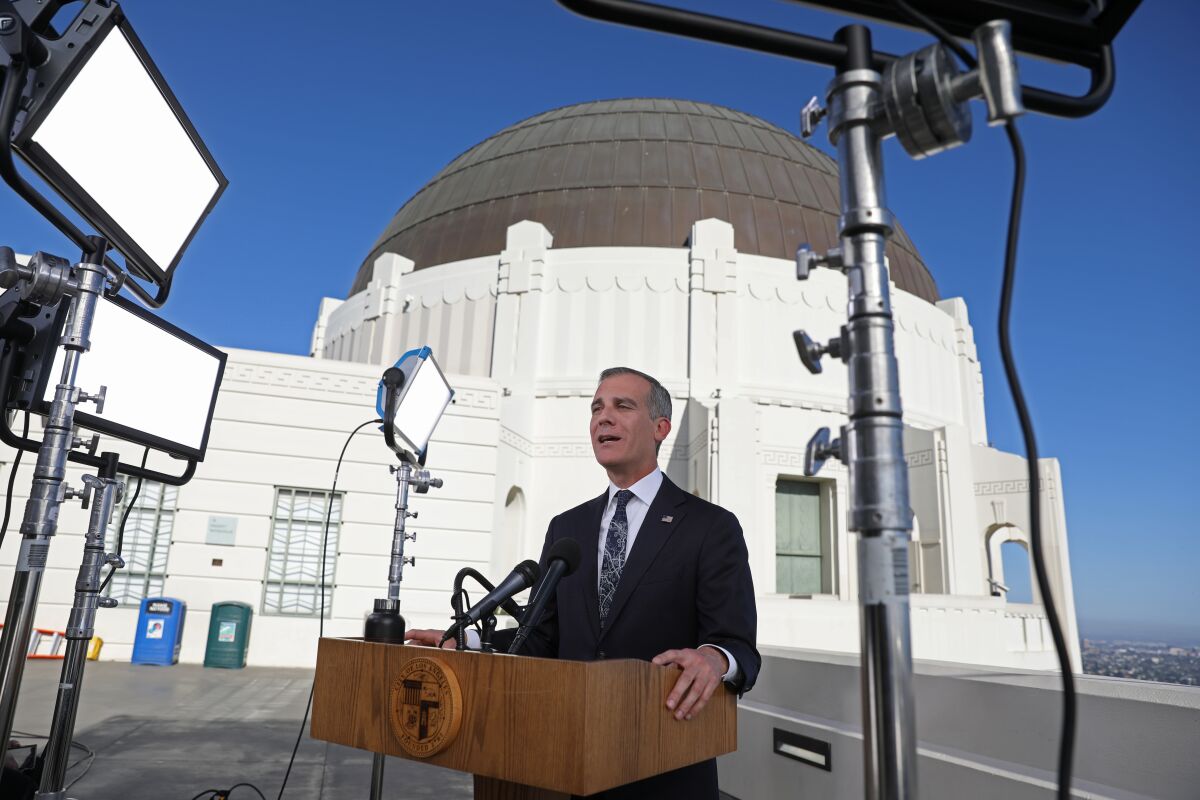 Los Angeles Mayor Eric Garcetti delivers his annual State of the City address from Griffith Observatory on April 19, 2021.