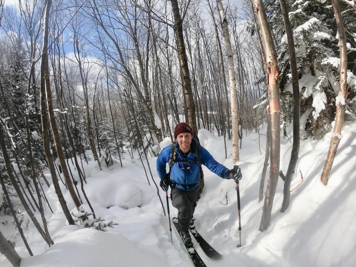 Retired two-time Olympic medalist Andrew Weibrecht poses for a selfie while backcountry skiing Feb. 10 in the Sentinel Range of the Adirondacks on Feb. 10, 2021, just outside Lake Placid, N.Y., in an effort to raise money for the Make-A-Wish Foundation. (Andrew Weibrecht via AP