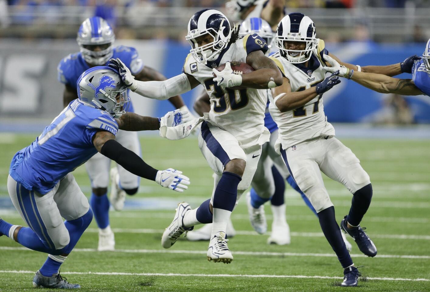 Los Angeles Rams running back Todd Gurley (30) rushes during the second half of an NFL football game against the Detroit Lions, Sunday, Dec. 2, 2018, in Detroit.