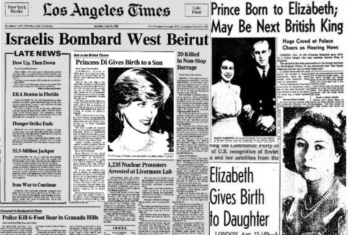 A compilation of Los Angeles Times front pages announcing the births of new member of the British royal family.
