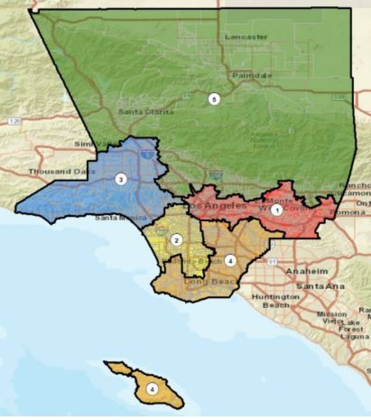 A map of five supervisorial districts in L.A. County
