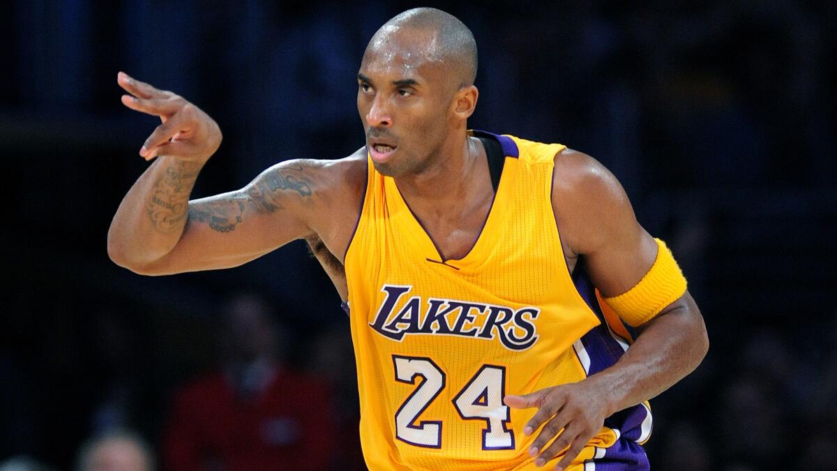 Lakers guard Kobe Bryant, celebrating a three-pointer, is No. 3 on the NBA's all-time scoring list.