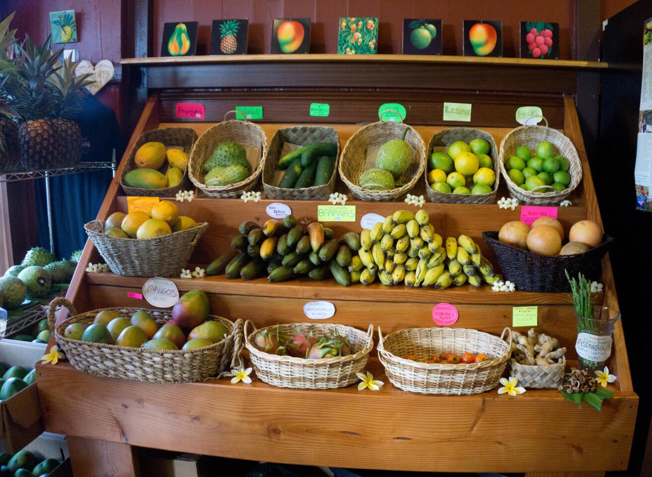 Depending on the season, the Kohala Grown Market in Hawi on the northern tip of the Kohala Peninsula on Hawaii's Big Island sells papayas, mangoes, soursop, ulu (breadfruit), dragonfruit, apple bananas, red Cuban bananas, asparagus, tomatoes, ginger root, cucumbers, ruby-red grapefruit and organic oranges, lemons and limes.