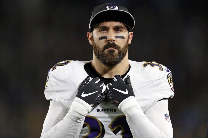 Baltimore Ravens defensive back Eric Weddle (32) rests during an NFL football game against the Los Angeles Chargers on Saturday, Dec. 22, 2018 in Carson, Calif. (Greg Trott via AP)