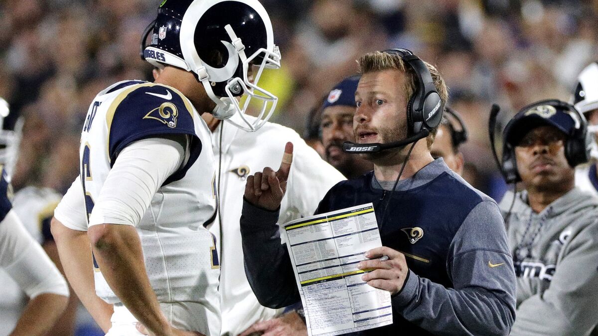 Rams head coach Sean McVay talks with quarterback Jared Goff (16) in the first half of the first round of the NFL playoffs at the Memorial Coliseum on January 6, 2018.