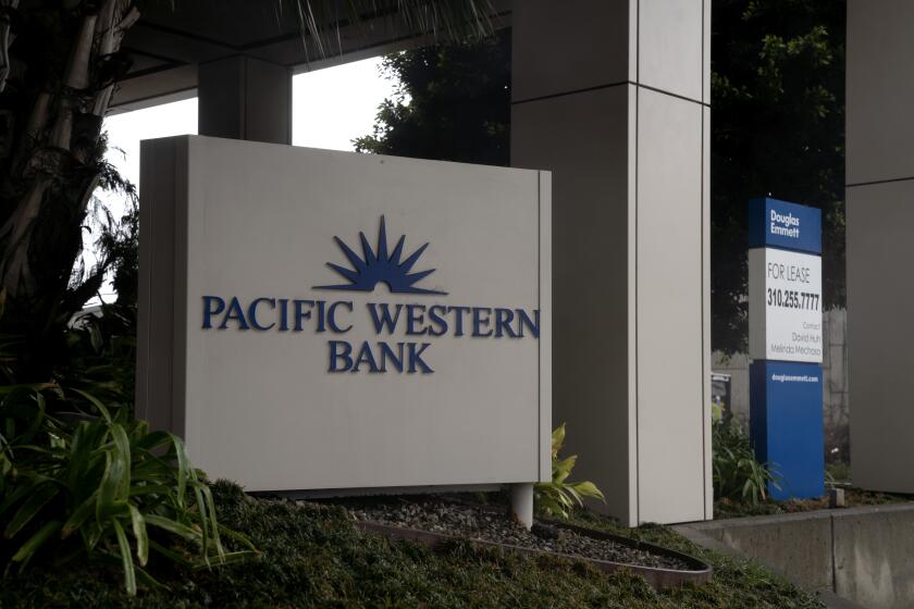 A Pacific Western Bank branch in Los Angeles, California, US, on Friday, March 10, 2023. First Republic Bank and PacWest Bancorp both plunged Friday as the upheaval at SVB Financial Group spread to other lenders. Photographer: Eric Thayer/Bloomberg via Getty Images