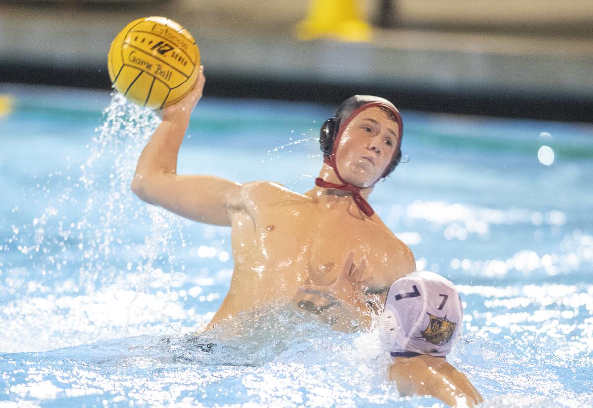 Estancia's Noah Gniffke takes a shot against Marina's Tanner Reynolds in the first round of the CIF Southern Section Division 5 playoffs at Costa Mesa High on Tuesday.