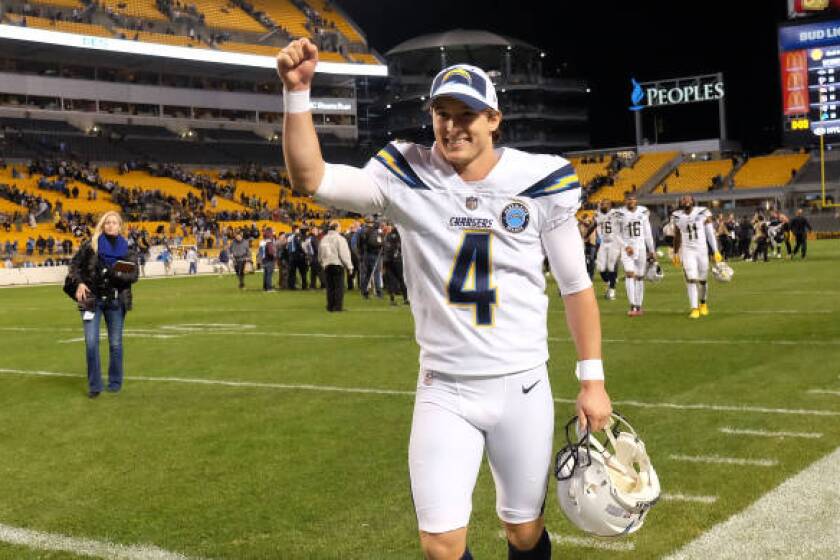 PITTSBURGH, PA - DECEMBER 02: Mike Badgley #4 of the Los Angeles Chargers celebrates as he runs off the field following a 33-30 win over the Pittsburgh Steelers at Heinz Field on December 2, 2018 in Pittsburgh, Pennsylvania. (Photo by Justin Berl/Getty Images)