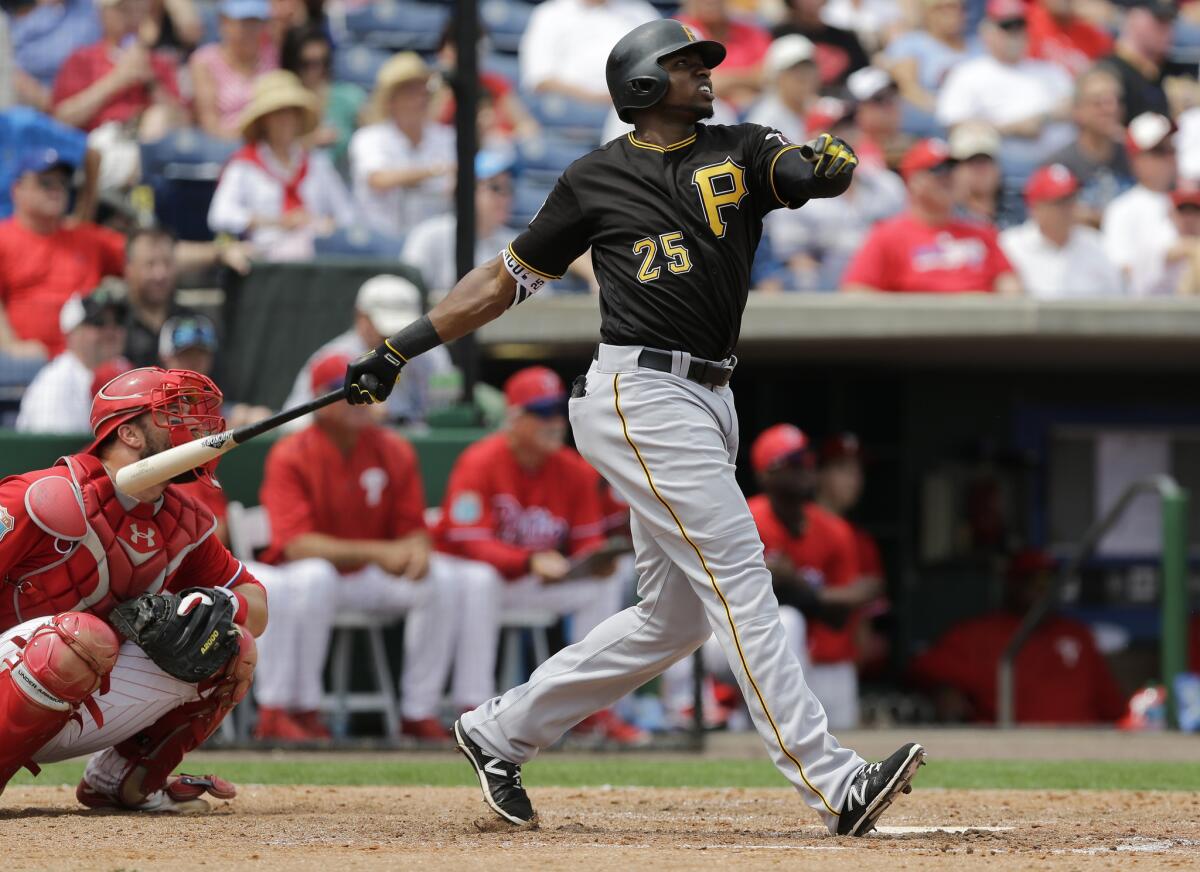 Pirates outfielder Gregory Polanco bats against the Phillies during a spring training baseball game on March 18.