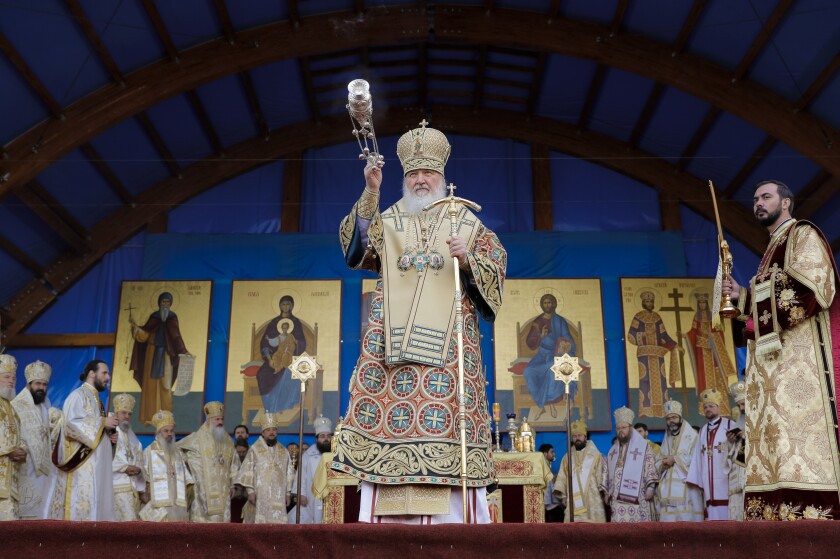 Patriarch Kirill of the Russian Orthodox Church taking part in a religious service