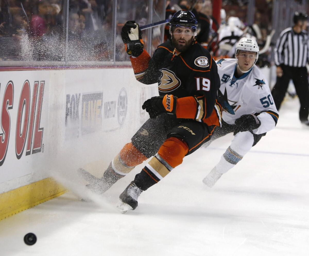 The Ducks' Patrick Maroon and San Jose's Chris Tierney compete during a preseason game in Anaheim on Oct. 4.