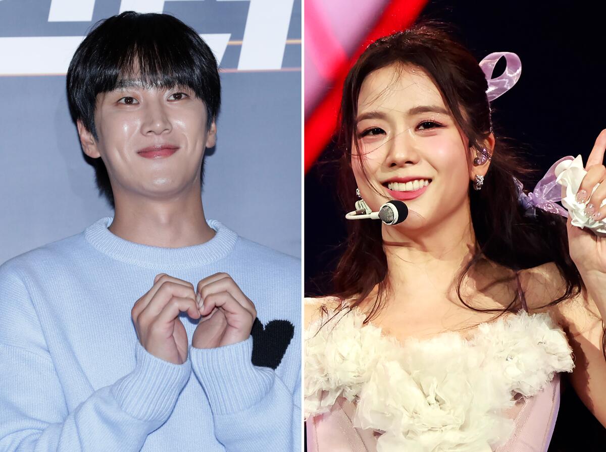 Ahn Bo-Hyun smiles and makes a heart shape with his hands; Jisoo smiles while wearing a headset microphone