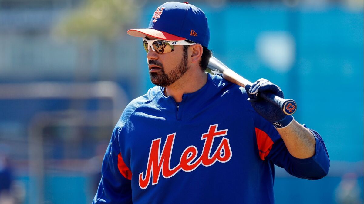 The Mets' Adrian Gonzalez takes batting practice during spring training baseball practice Friday, Feb. 16, 2018, in Port St. Lucie, Fla.