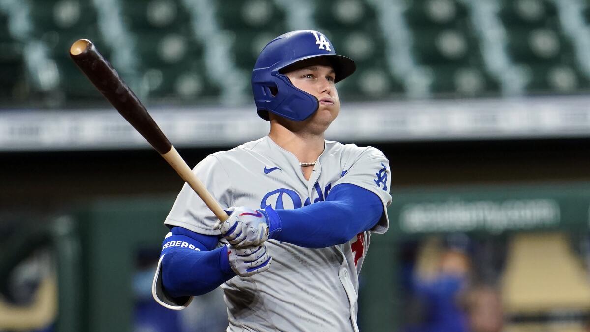 Dodgers outfielder Joc Pederson bats against the Houston Astros in July.