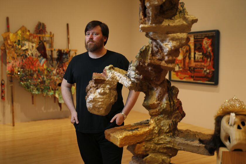 LOS ANGELES, CA - MAY 28, 2019 - Multimedia artist Elliott Hundley photographed at the MOCA exhibition of assemblage works he curated called Open House: Elliott Hundley on May 28, 2019. (Al Seib / Los Angeles Times)