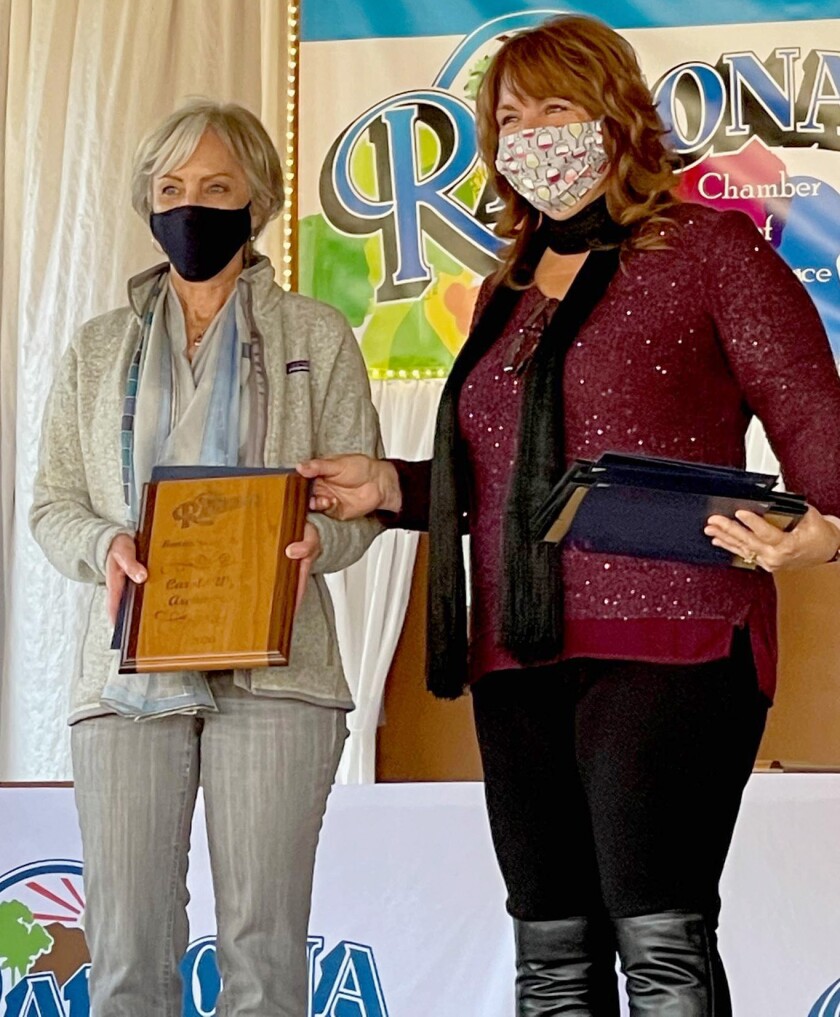 Architect Carole Wylie, left, accepts her Business of the Year Award from Chamber President Karen Domnitz.