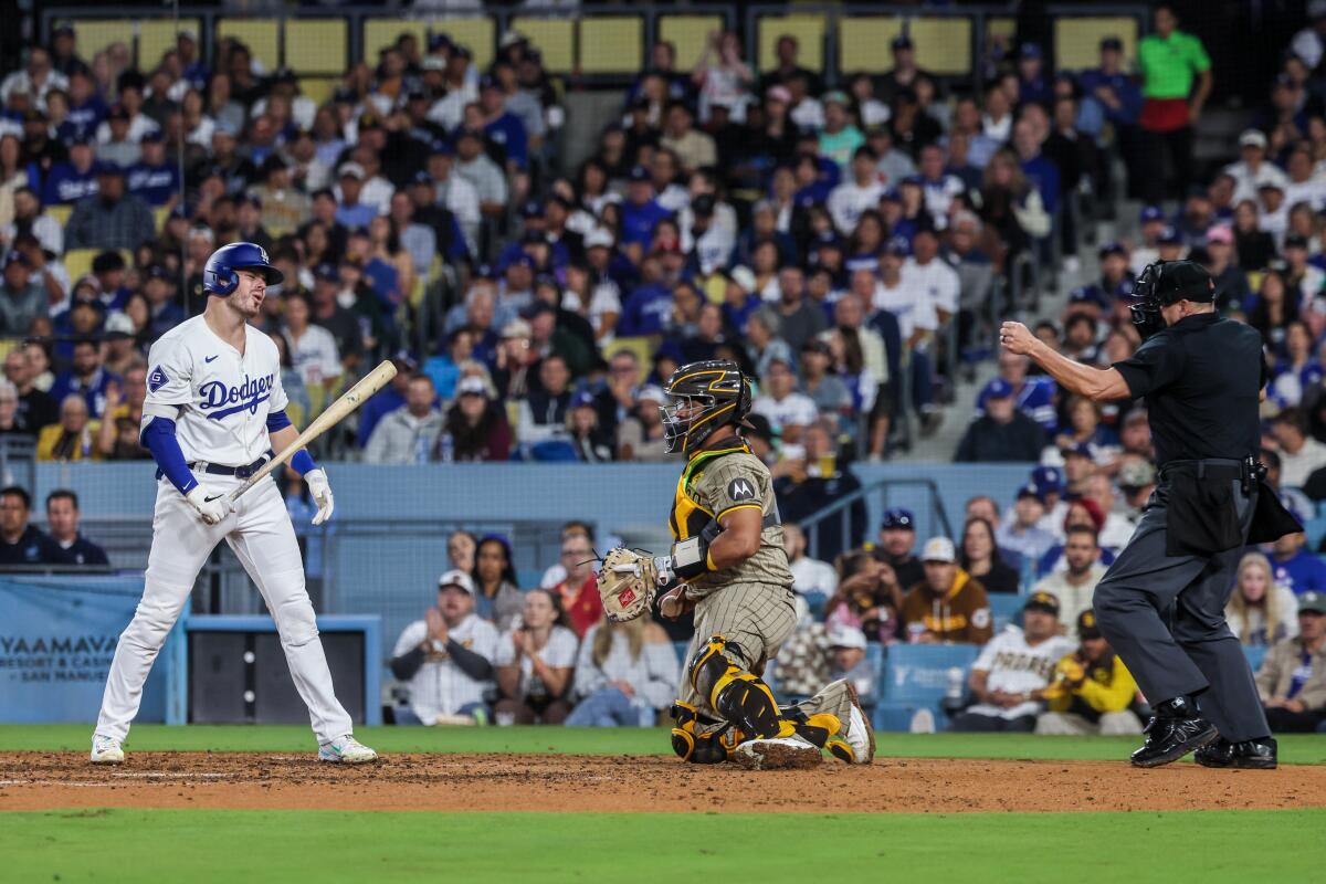 Gavin Lux rewards Dave Roberts' persistence with key hits in Dodgers' win over Padres 2 Gavin Lux disagrees with umpire Andy Fletcher on a strike call Wednesday.