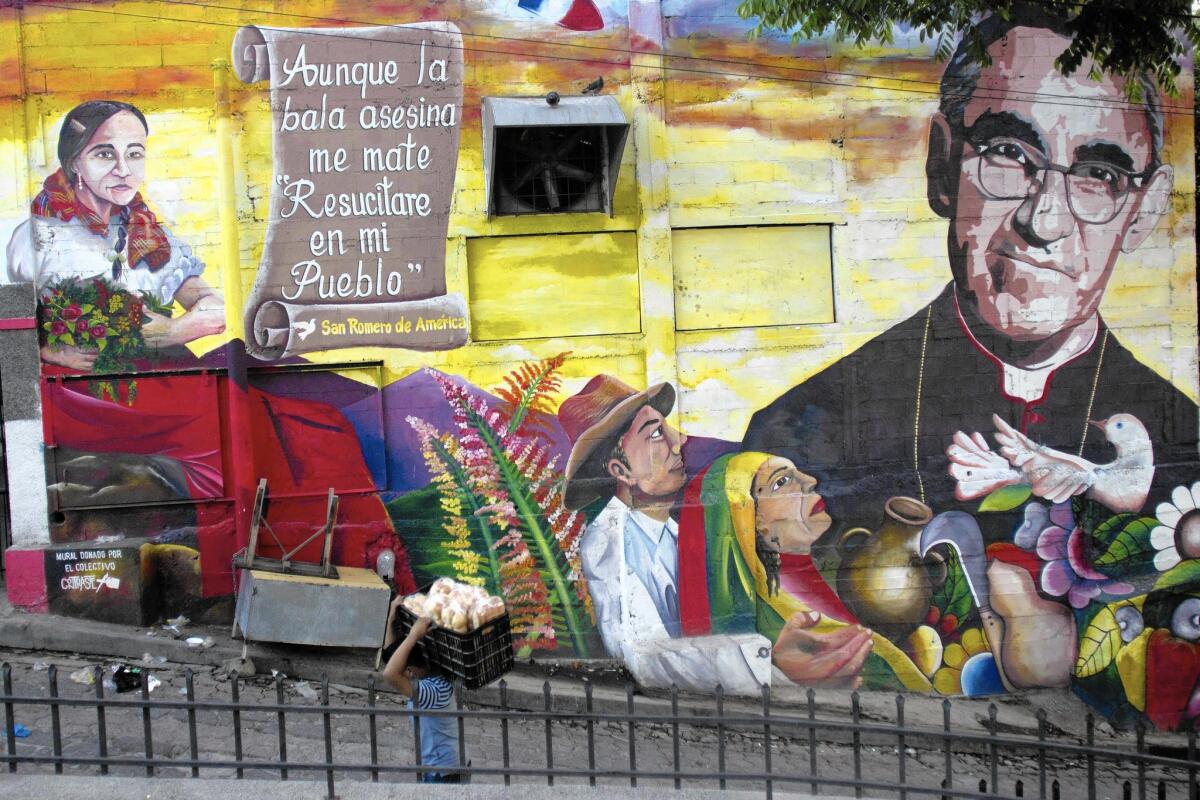 A mural of slain Archbishop Oscar Romero in Panchimalco, El Salvador. Romero will be beatified Saturday, 35 years after his assassination.